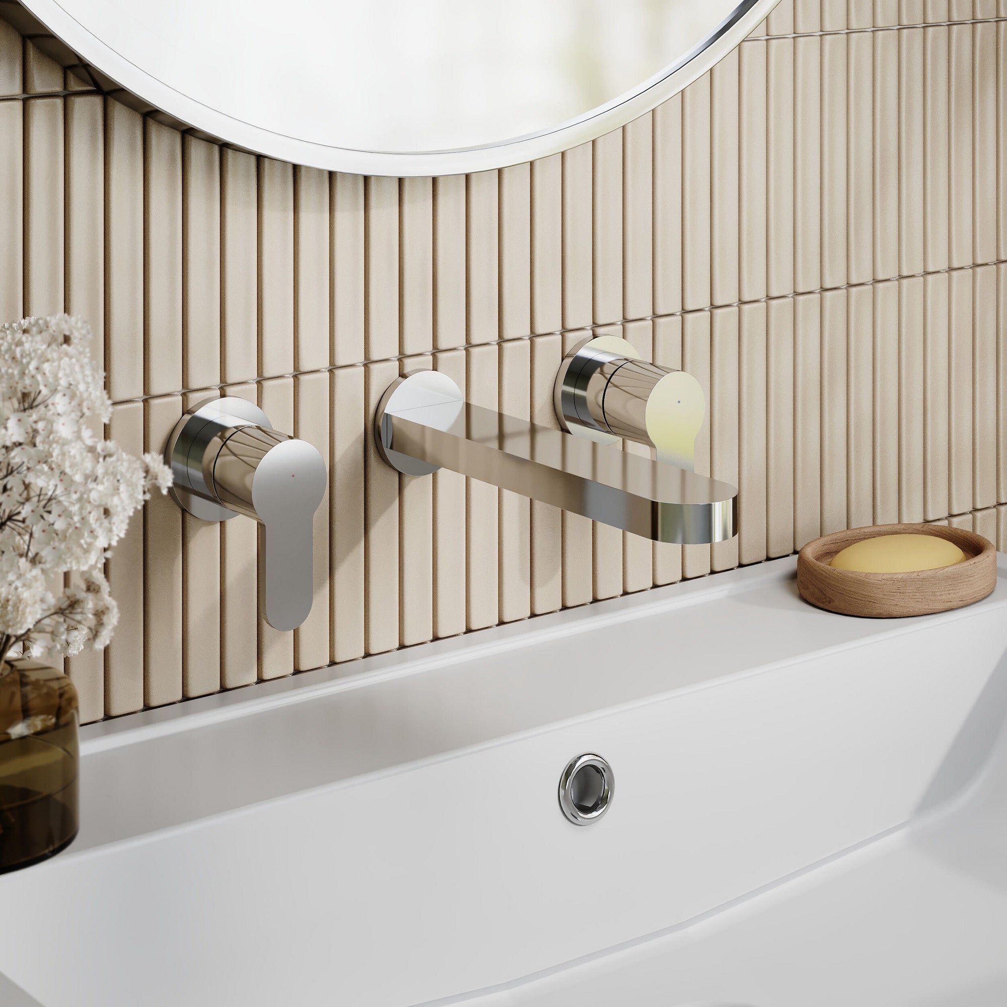 Vela Wall Mounted 3 Tap Hole Basin Mixer Chrome Contemporary