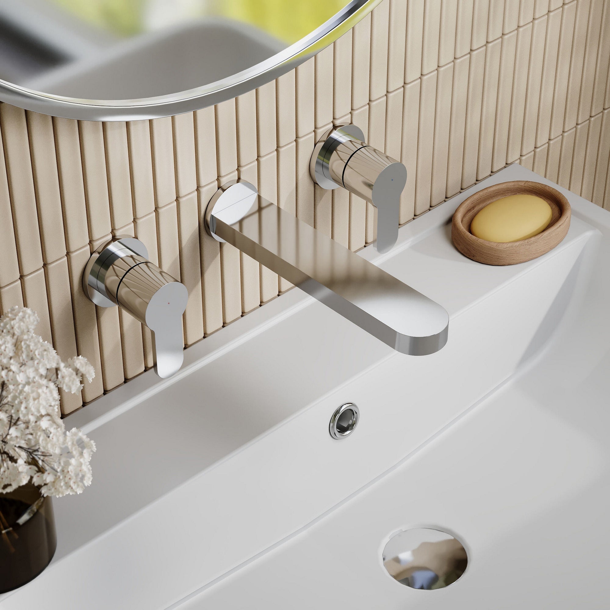 Vela Wall Mounted 3 Tap Hole Basin Mixer Chrome Contemporary