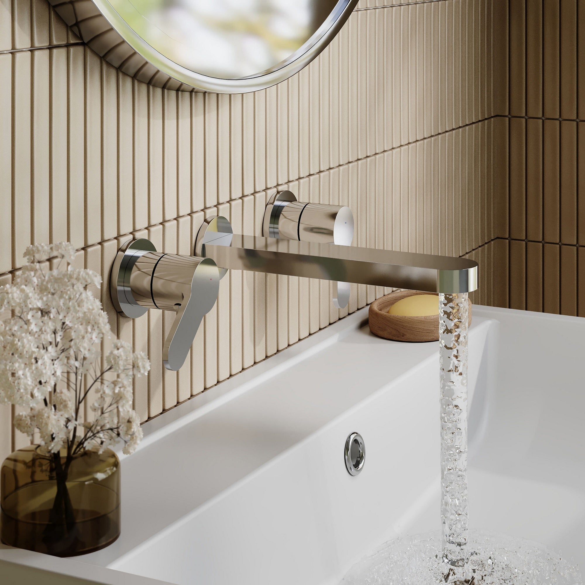 Vela Wall Mounted 3 Tap Hole Basin Mixer Chrome Contemporary