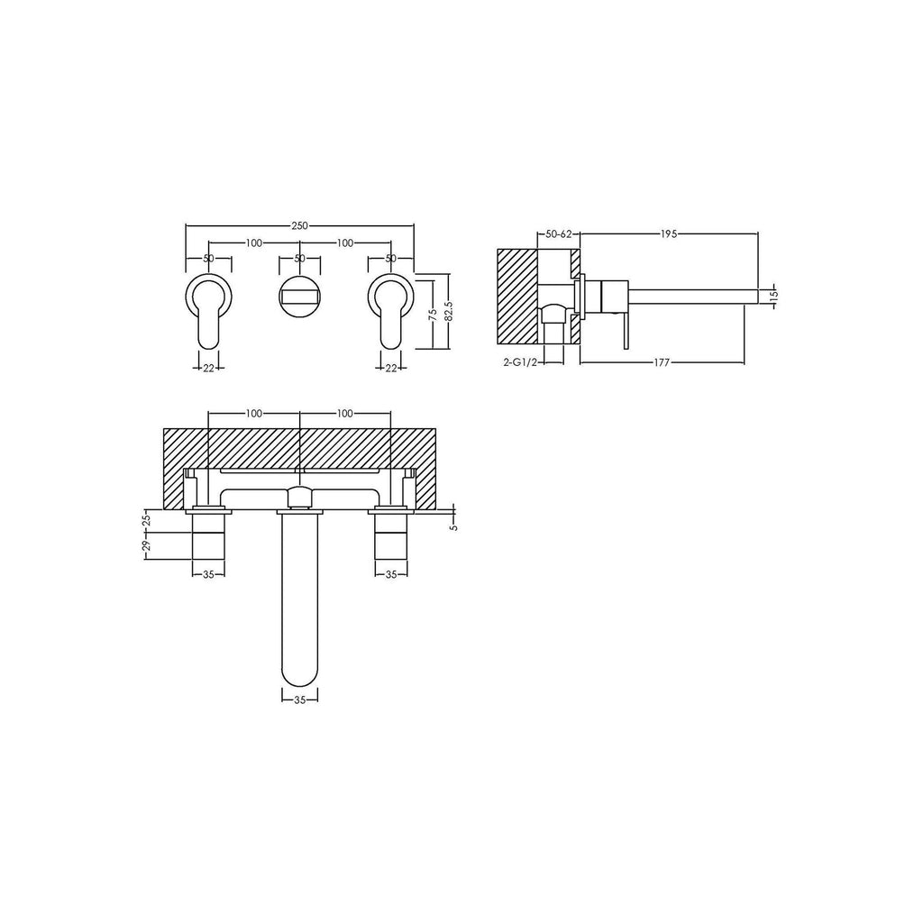 Vela Wall Mounted 3 Tap Hole Basin Mixer Chrome Contemporary