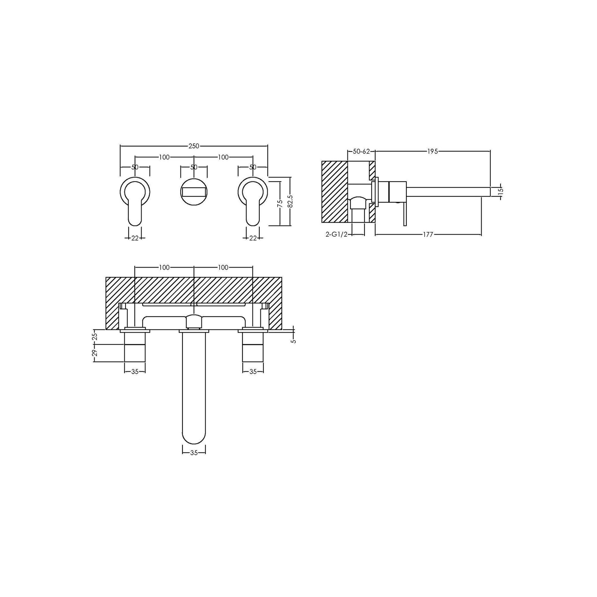 Vela Wall Mounted 3 Tap Hole Basin Mixer Chrome Contemporary