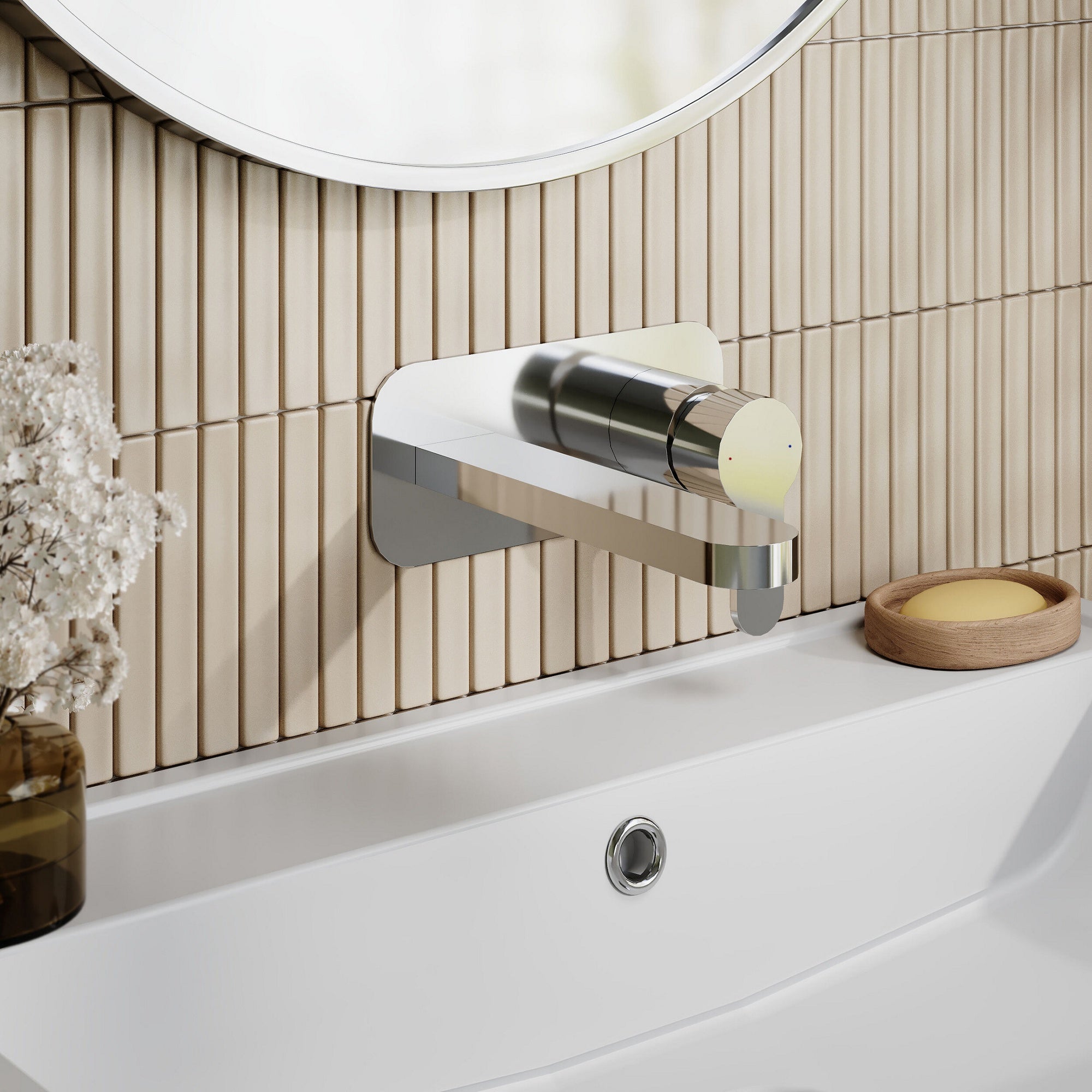 Vela Wall Mounted 2 Tap Hole Basin Mixer With Plate Chrome Contemporary