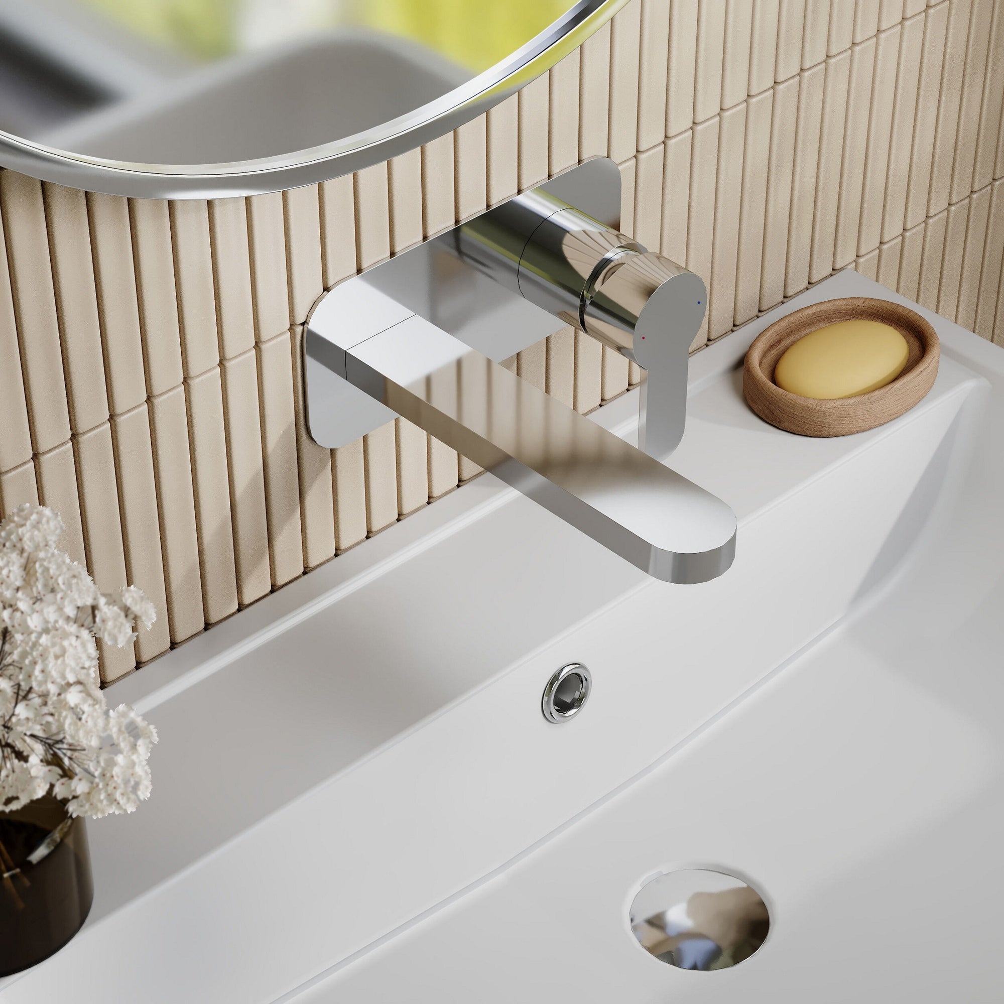 Vela Wall Mounted 2 Tap Hole Basin Mixer With Plate Chrome Contemporary