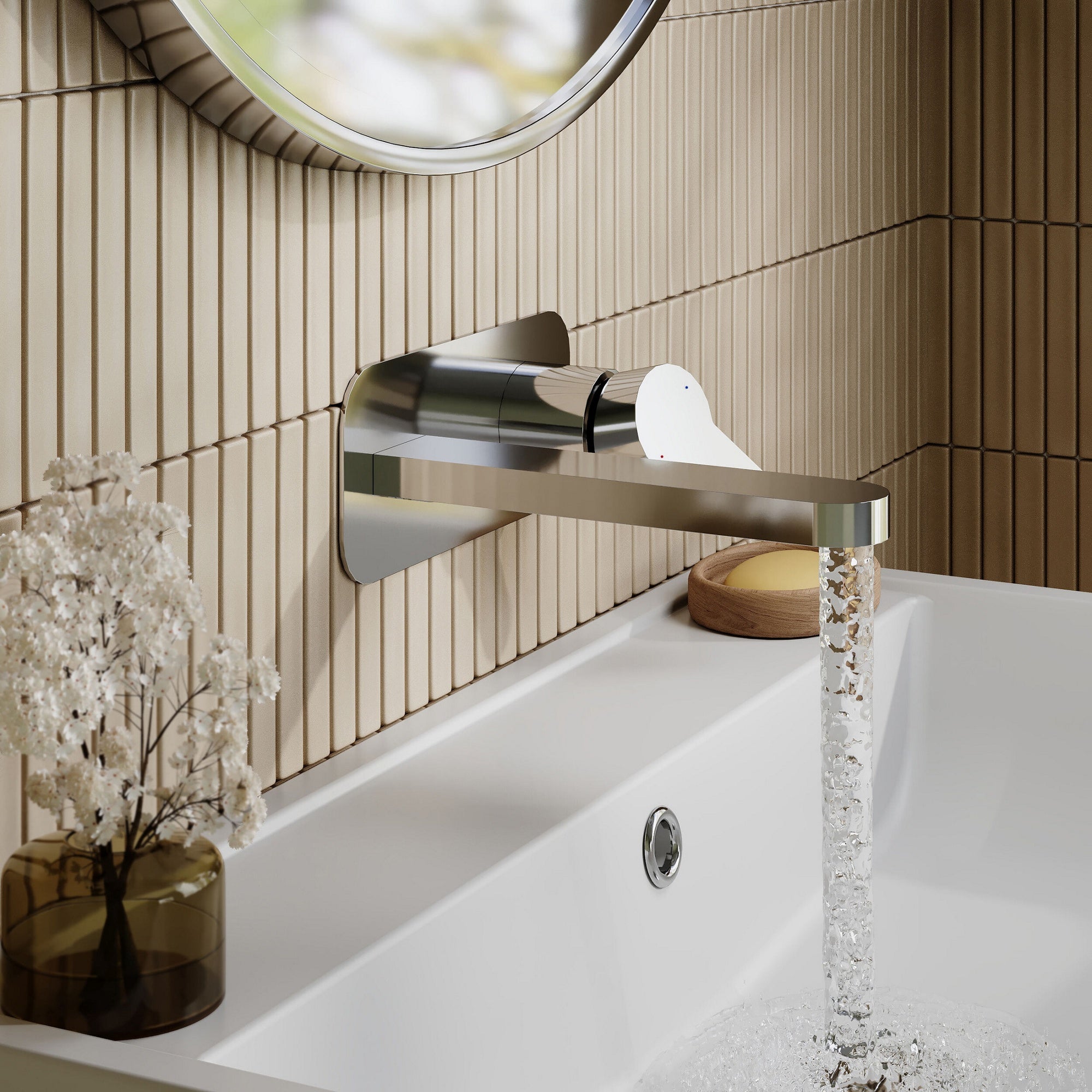 Vela Wall Mounted 2 Tap Hole Basin Mixer With Plate Chrome Contemporary