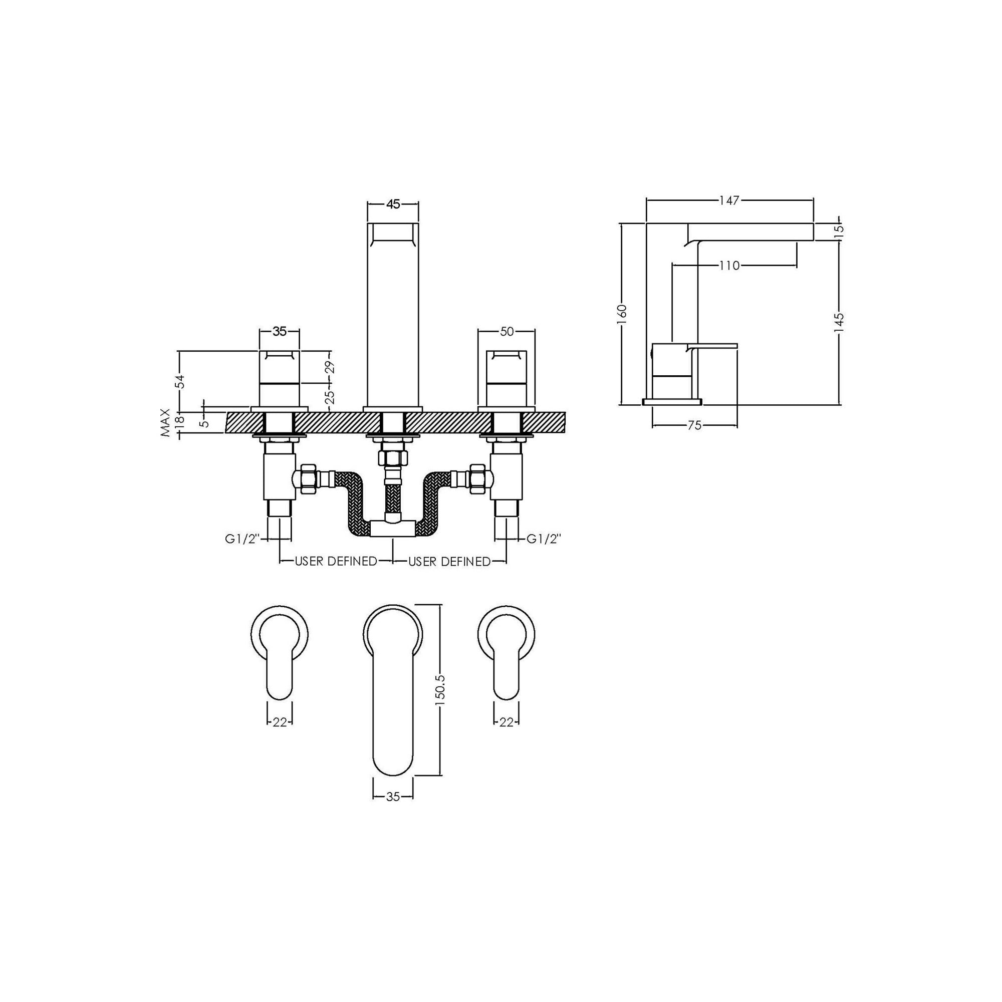 Vela Deck Mounted 3 Tap Hole Basin Mixer With Waste Chrome Contemporary