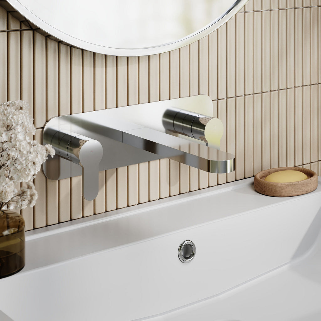 Vela Wall Mounted 3 Tap Hole Basin Mixer With Plate Chrome Contemporary