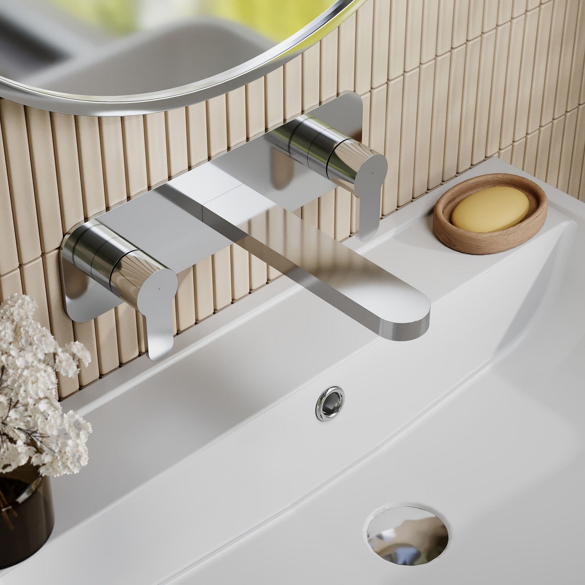 Vela Wall Mounted 3 Tap Hole Basin Mixer With Plate Chrome Contemporary