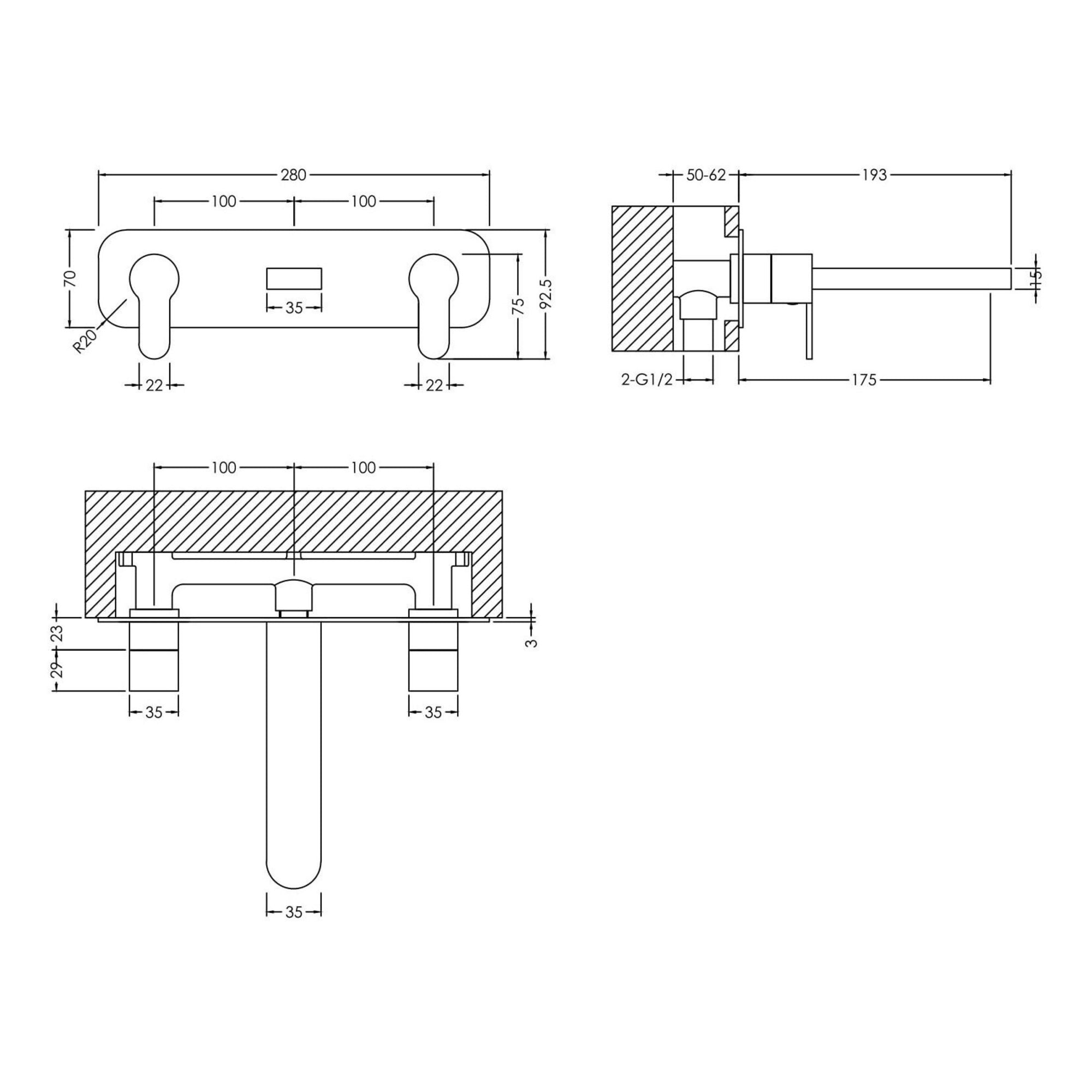 Vela Wall Mounted 3 Tap Hole Basin Mixer With Plate Chrome Contemporary