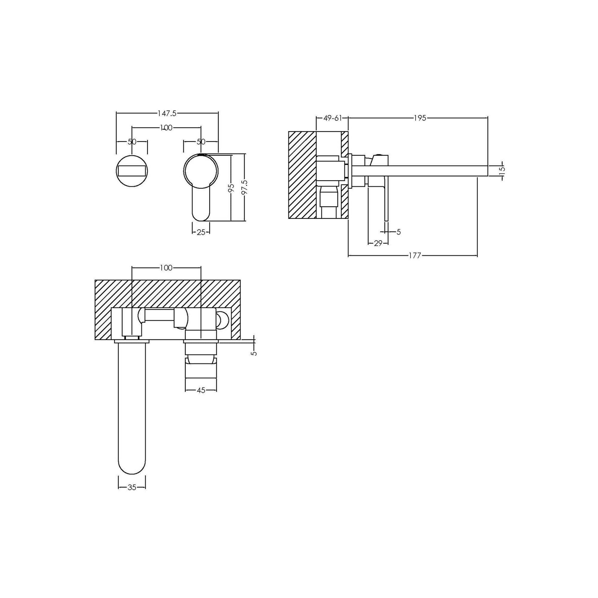 Vela Wall Mounted 2 Tap Hole Basin Mixer Chrome Contemporary