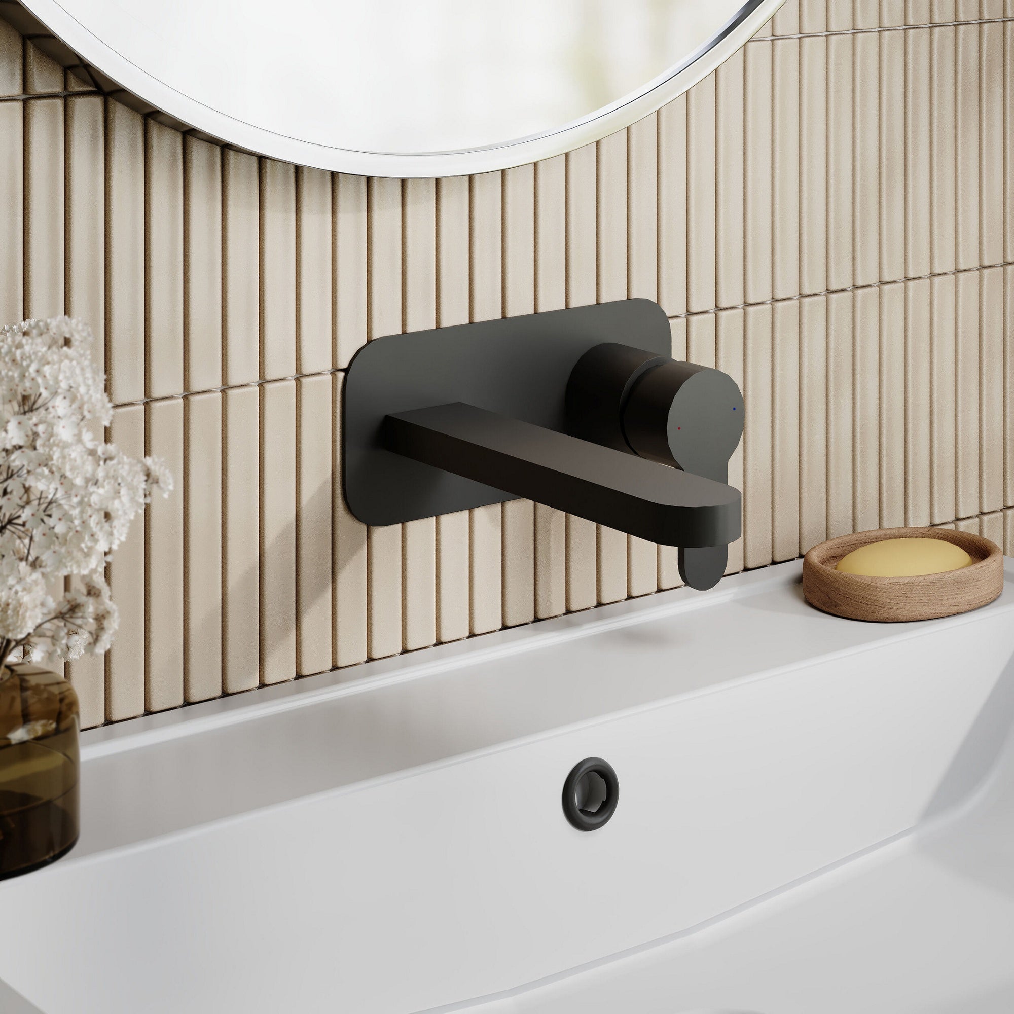 Vela Wall Mounted 2 Tap Hole Basin Mixer With Plate Matt Black