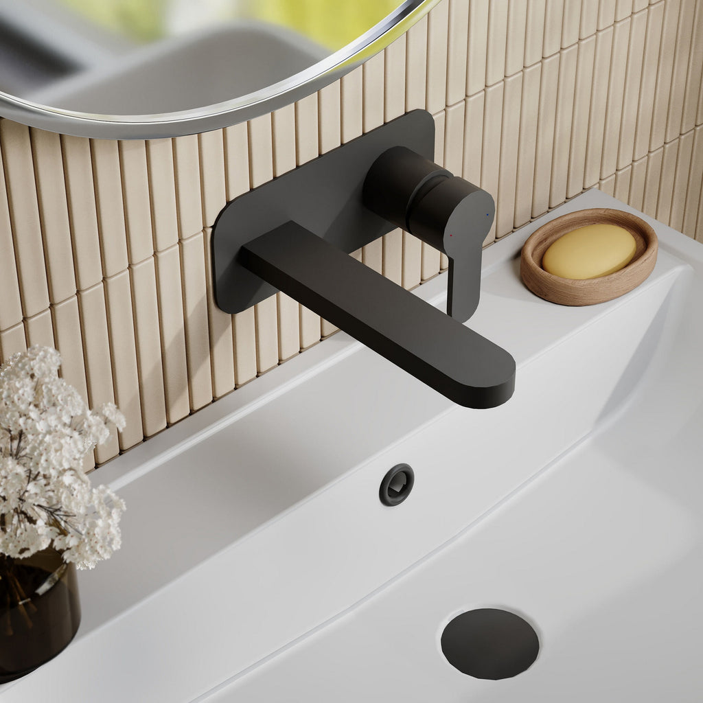 Vela Wall Mounted 2 Tap Hole Basin Mixer With Plate Matt Black