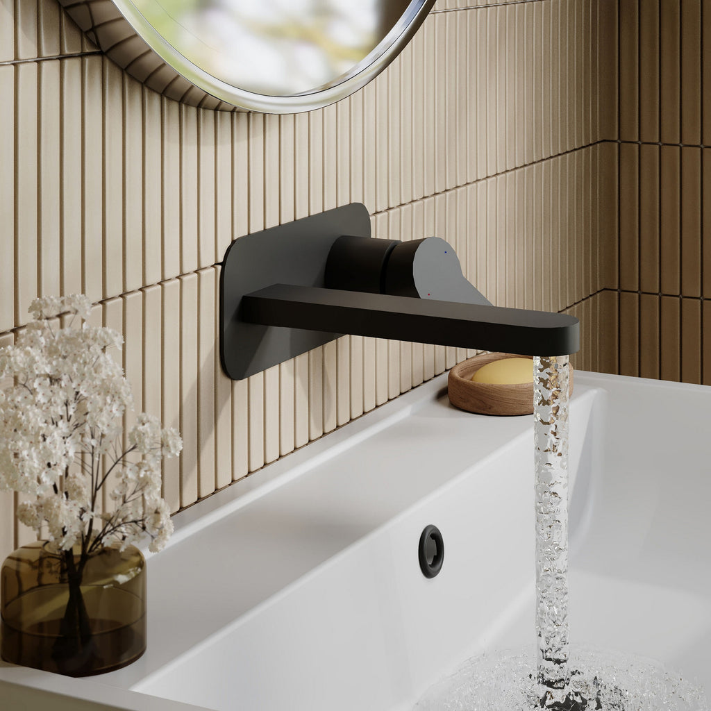 Vela Wall Mounted 2 Tap Hole Basin Mixer With Plate Matt Black