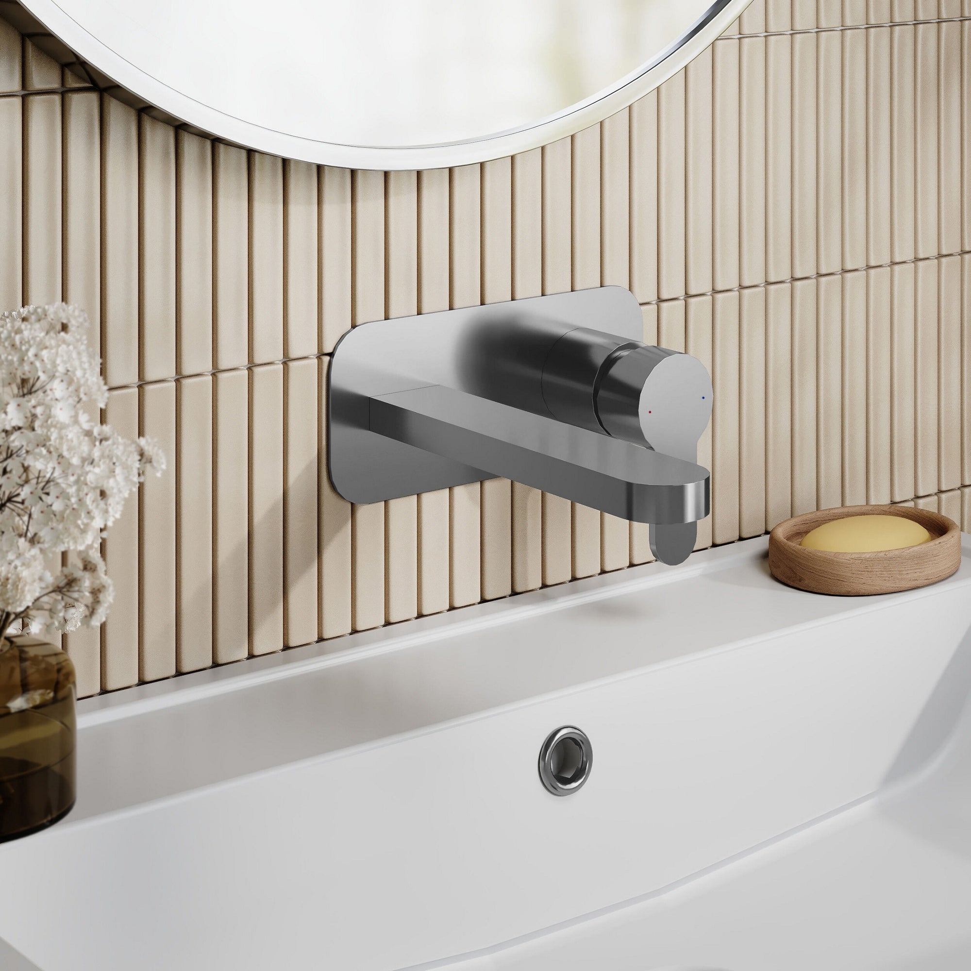 Vela Wall Mounted 2 Tap Hole Basin Mixer With Plate Brushed Pewter