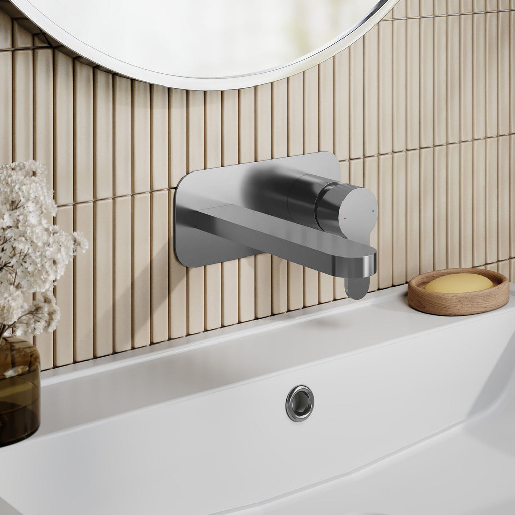 Vela Wall Mounted 2 Tap Hole Basin Mixer With Plate Brushed Pewter