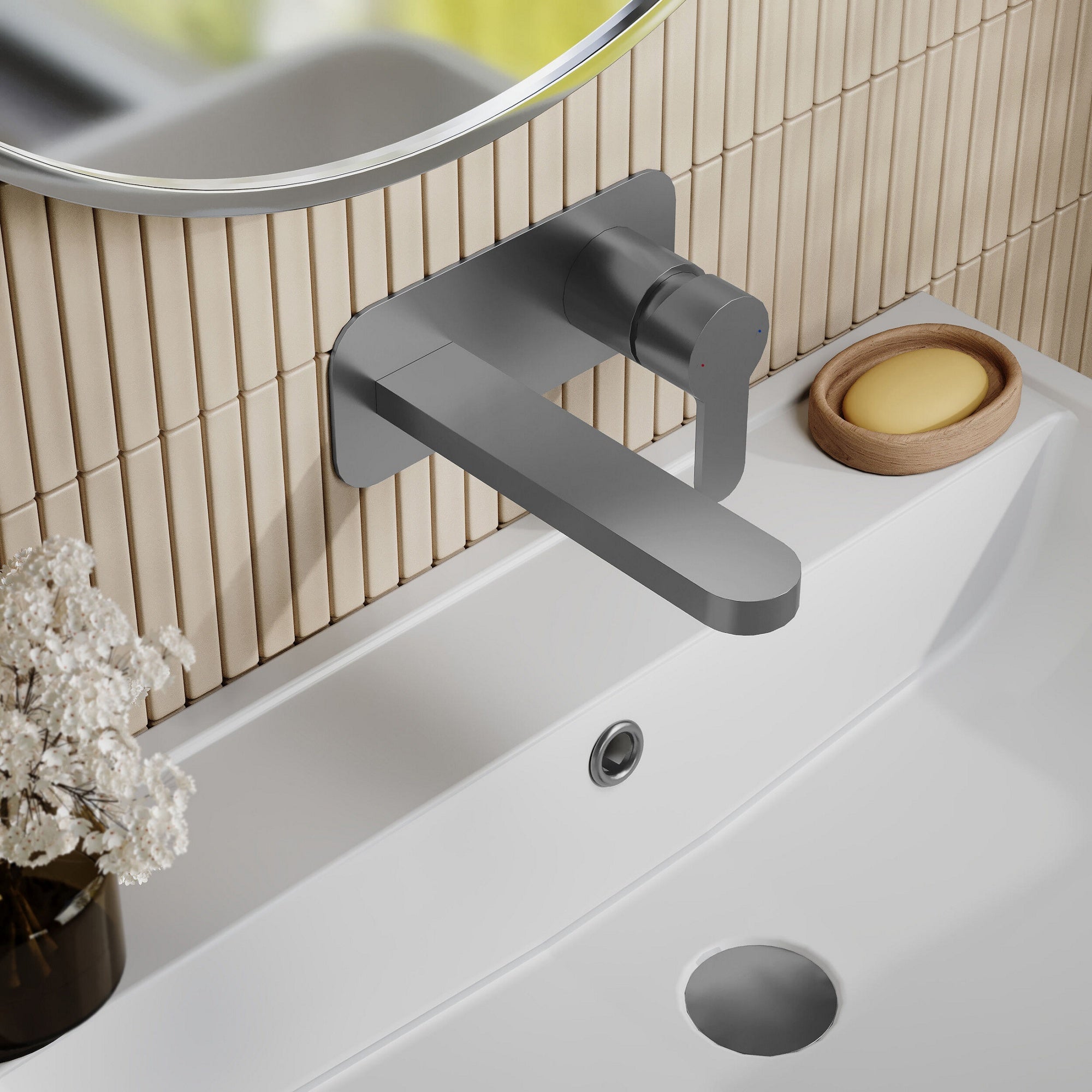 Vela Wall Mounted 2 Tap Hole Basin Mixer With Plate Brushed Pewter