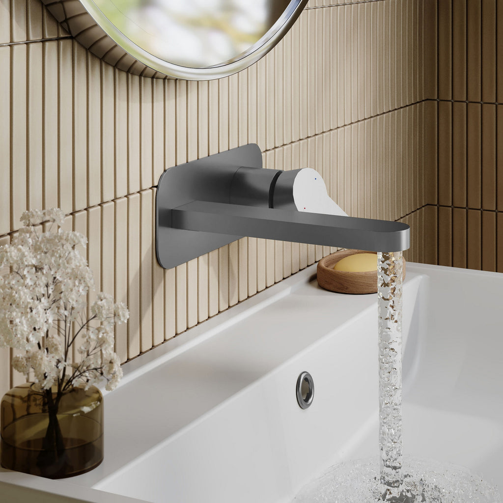 Vela Wall Mounted 2 Tap Hole Basin Mixer With Plate Brushed Pewter