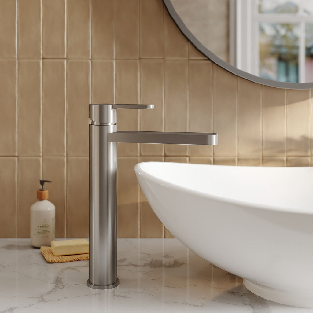 Vela High-rise Mono Basin Mixer Brushed Pewter Contemporary 1 Tap Hole