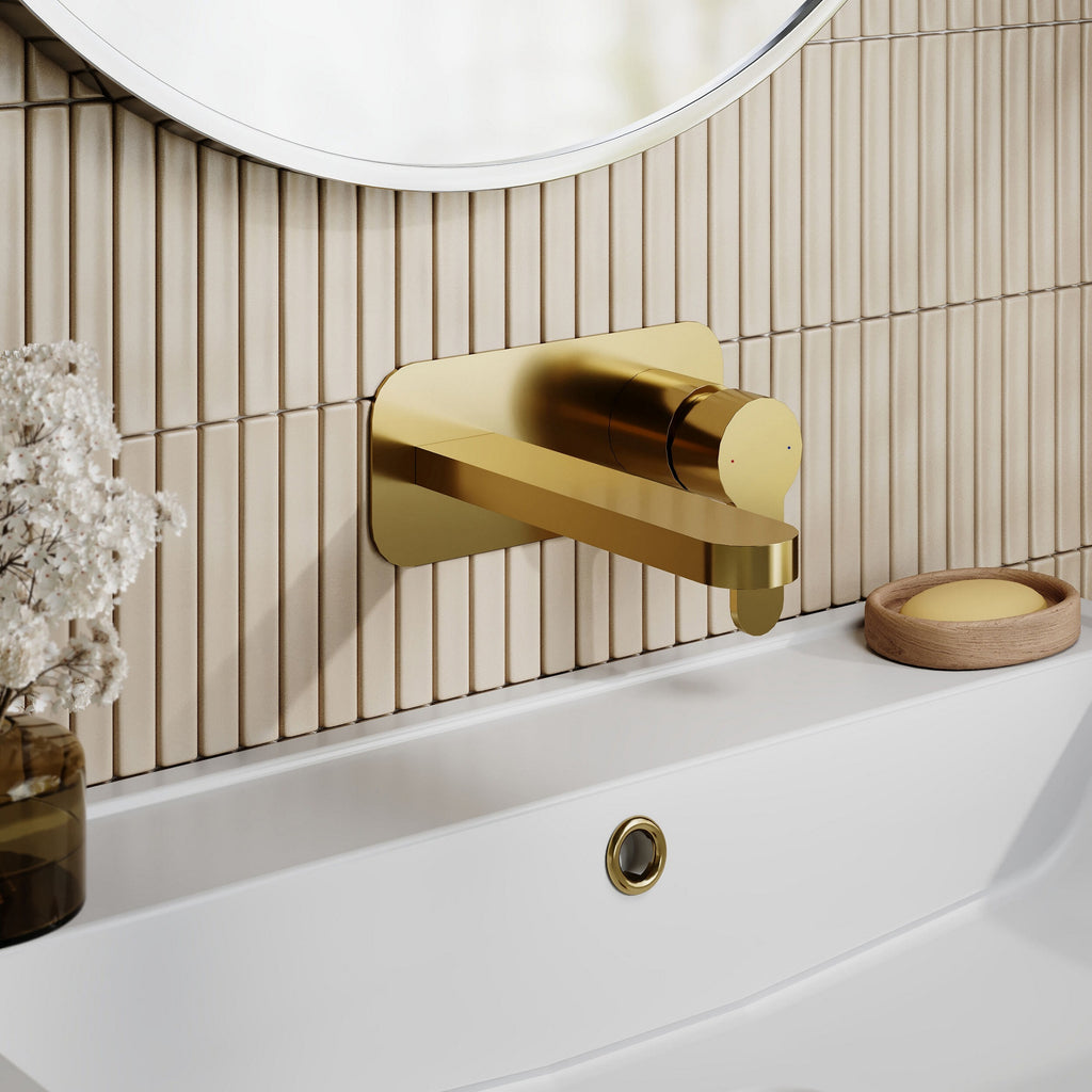 Vela Wall Mounted 2 Tap Hole Basin Mixer Plate Brushed Brass Contemporary