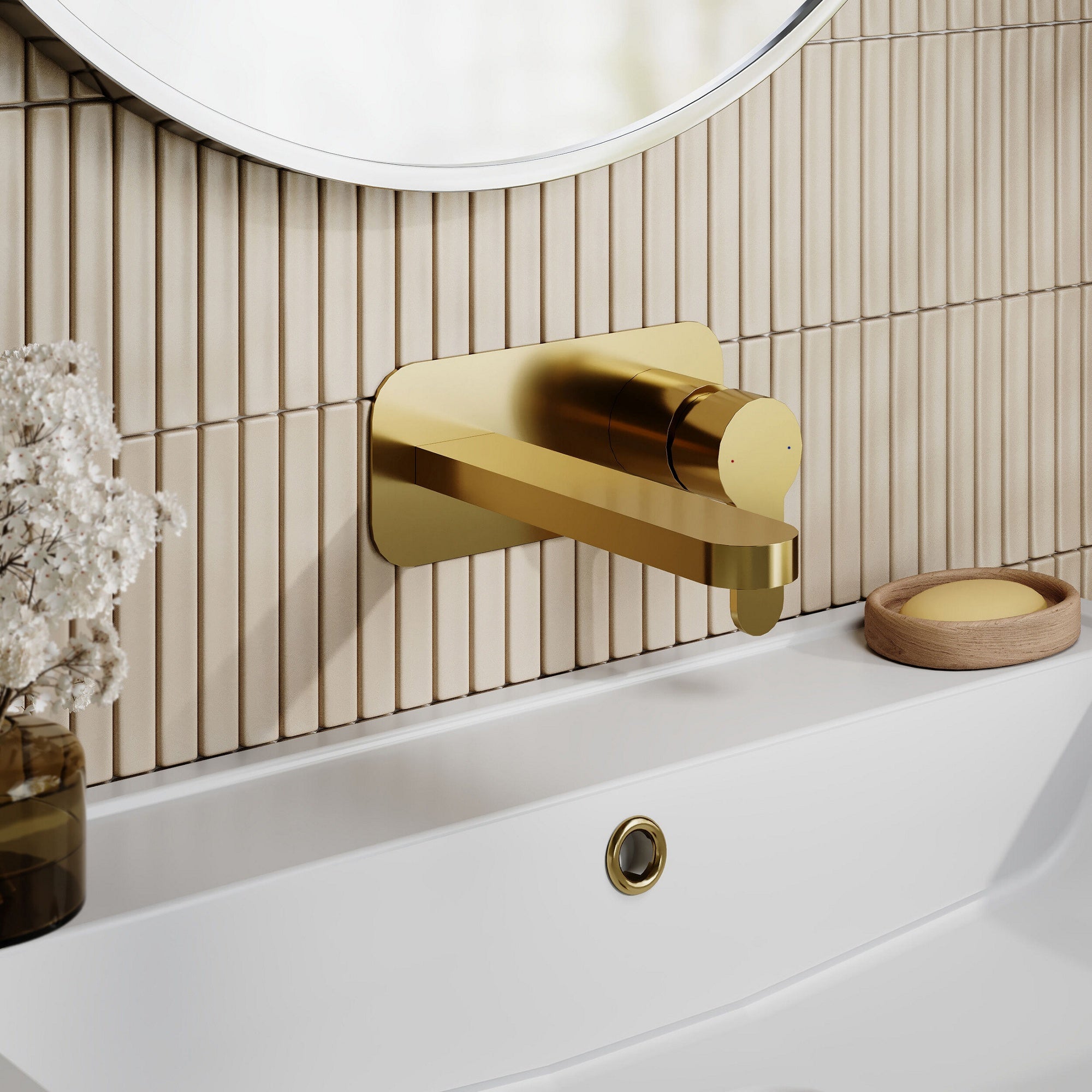 Vela Wall Mounted 2 Tap Hole Basin Mixer Plate Brushed Brass Contemporary