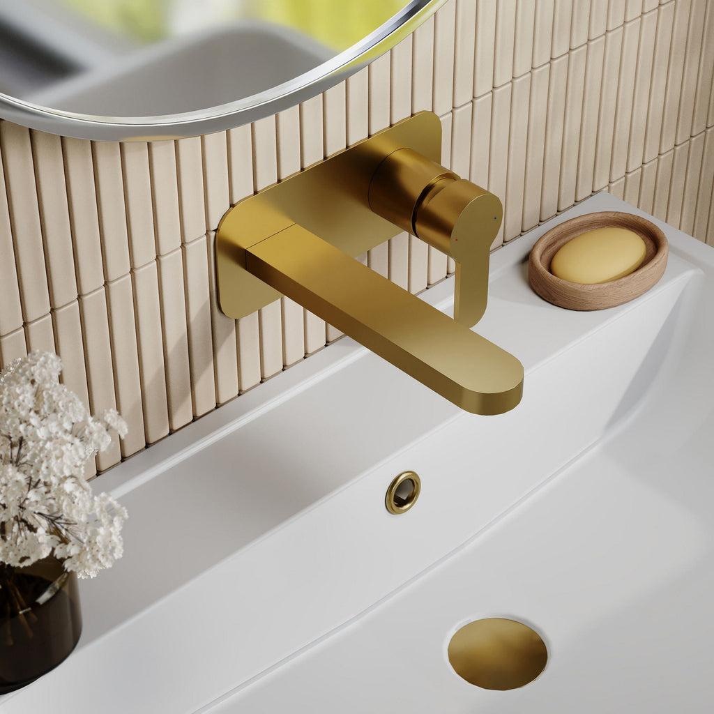 Vela Wall Mounted 2 Tap Hole Basin Mixer Plate Brushed Brass Contemporary