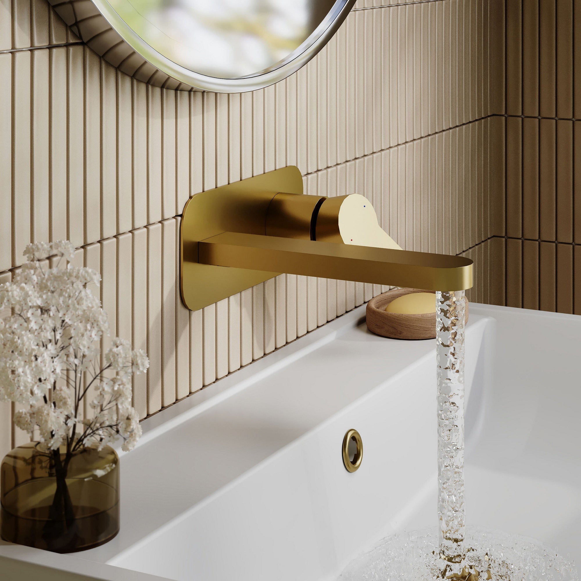 Vela Wall Mounted 2 Tap Hole Basin Mixer Plate Brushed Brass Contemporary