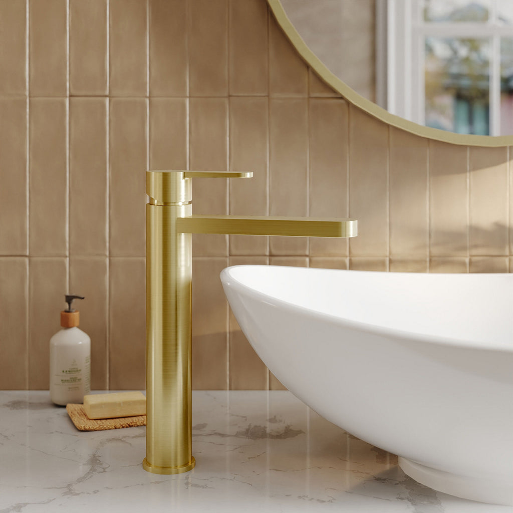 Vela High Rise Mono Basin Mixer Brushed Brass Contemporary No Waste
