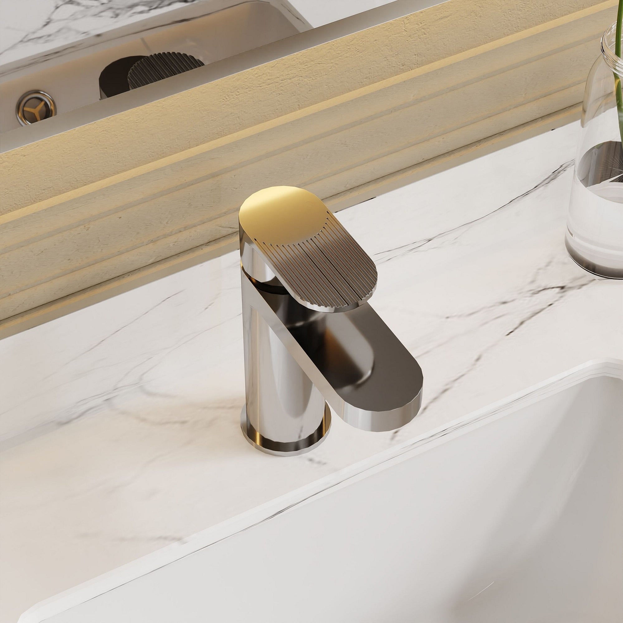 Aura Fluted Mono Basin Mixer Push Button Waste Chrome Contemporary