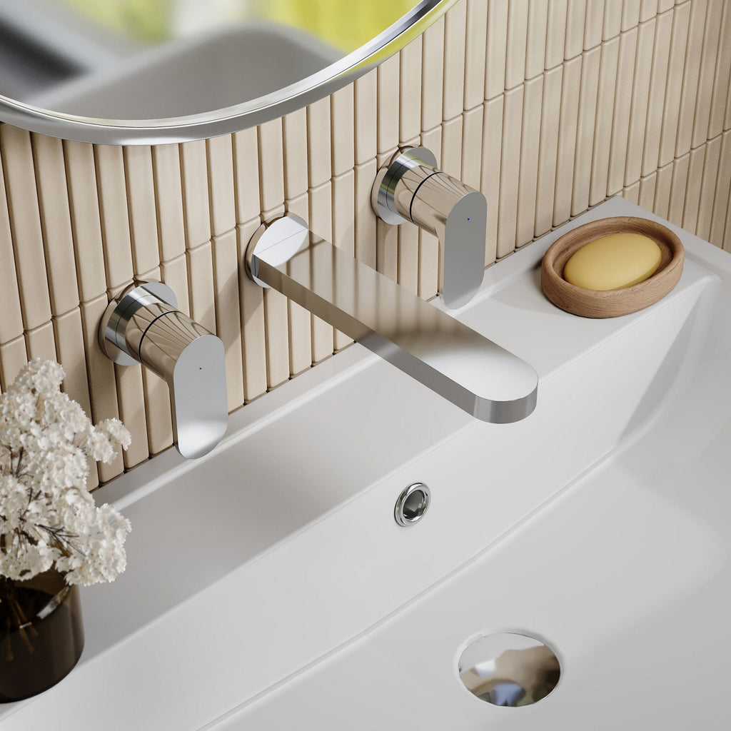Lumina Wall Mounted 3 Tap Hole Basin Mixer Chrome Contemporary No Waste
