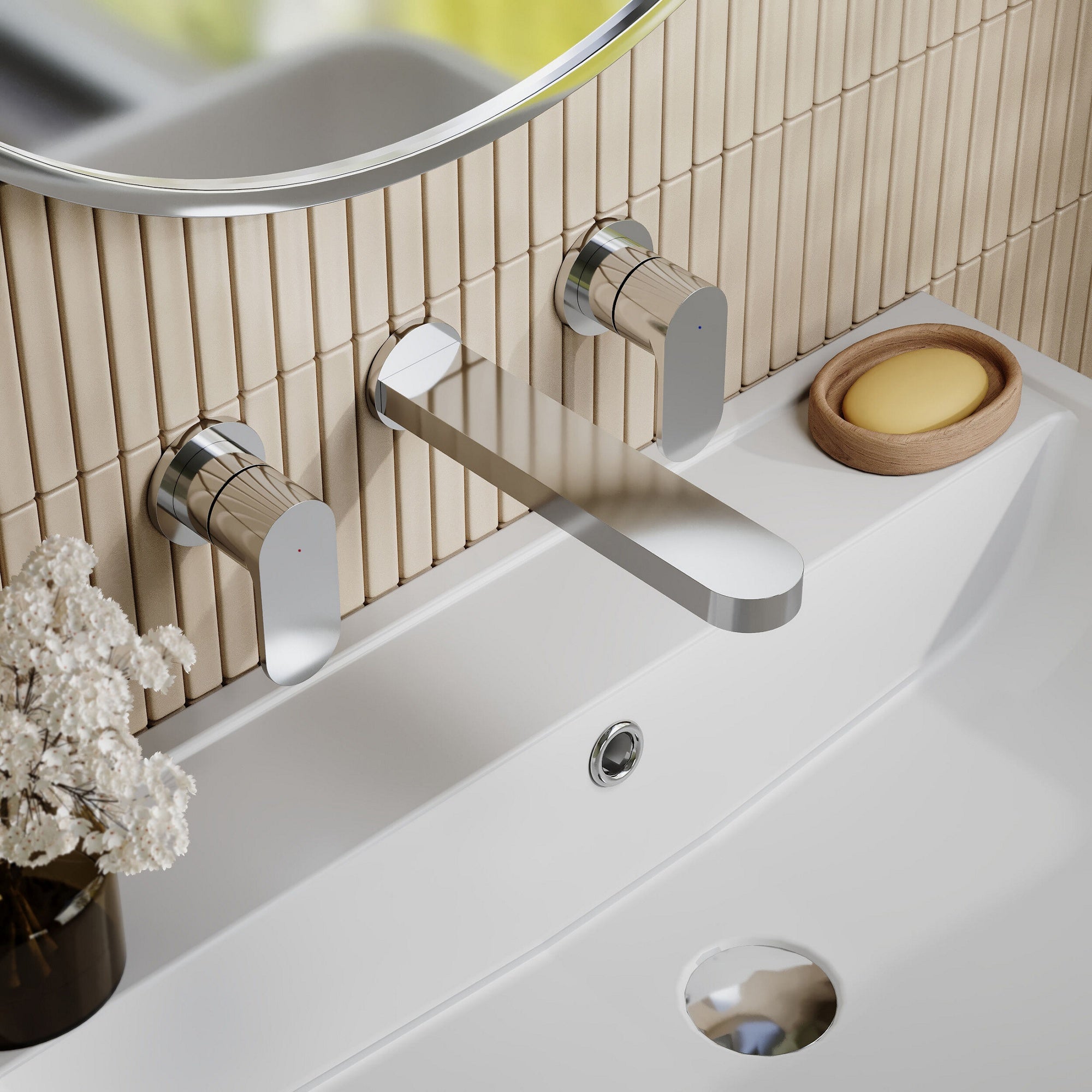 Lumina Wall Mounted 3 Tap Hole Basin Mixer Chrome Contemporary No Waste