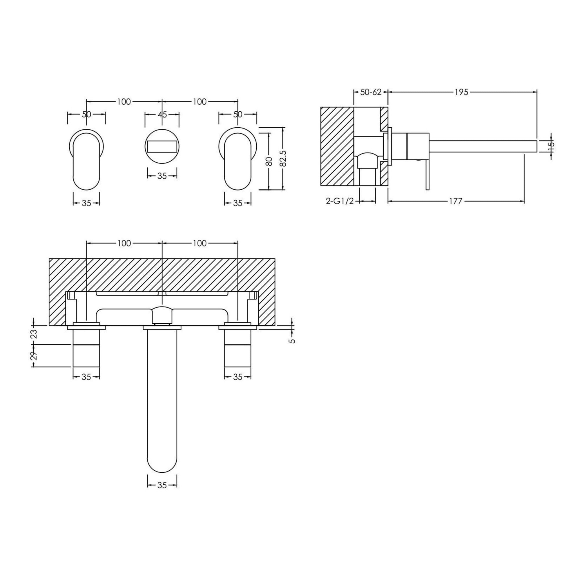 Lumina Wall Mounted 3 Tap Hole Basin Mixer Chrome Contemporary No Waste