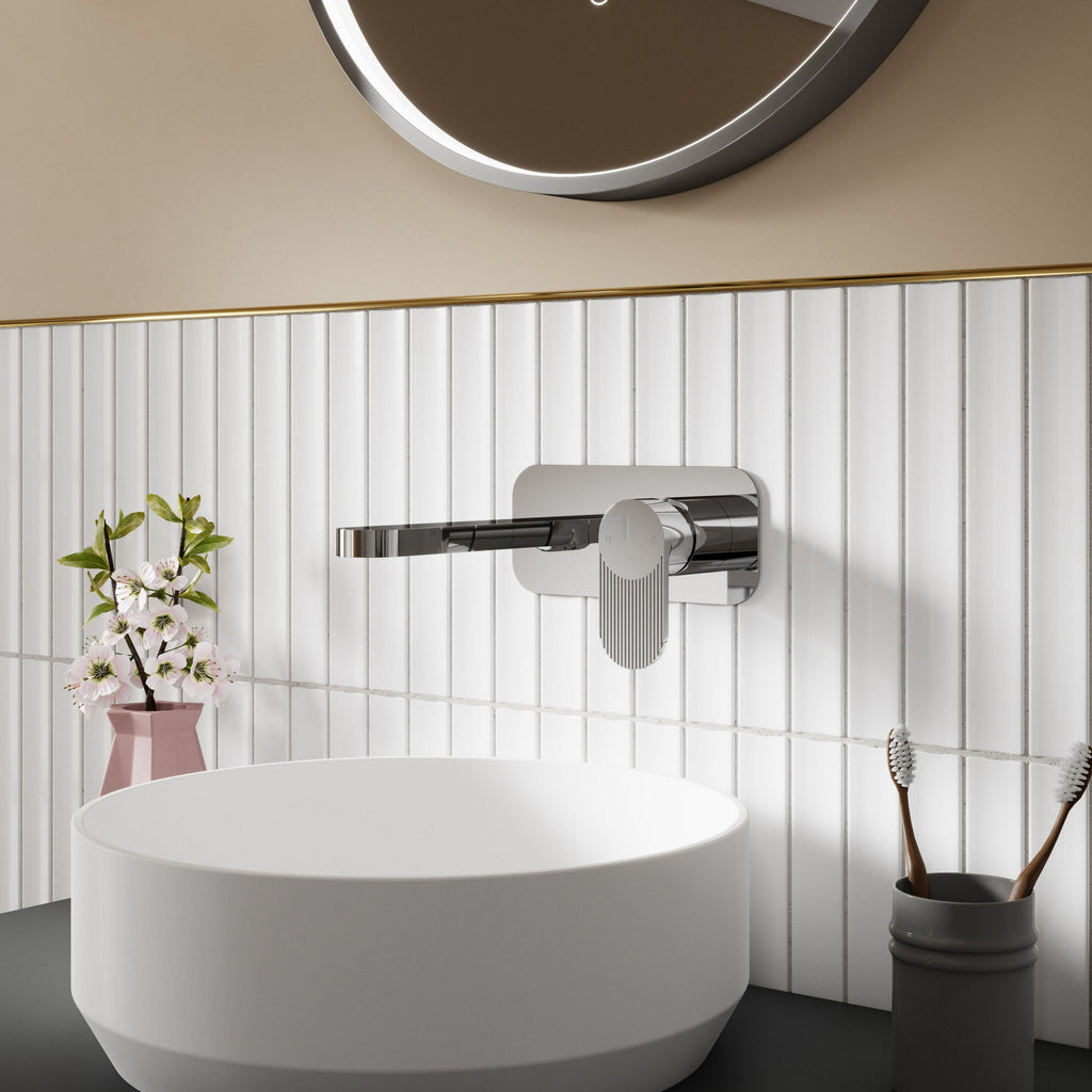 Aura Wall Mounted 2 Tap Hole Basin Mixer Plate Chrome Contemporary