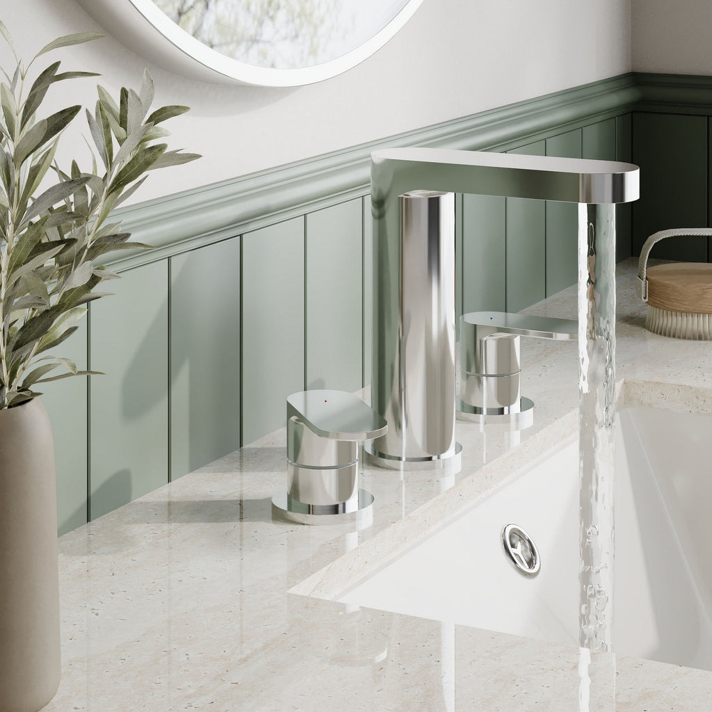 Lumina Deck Mounted 3 Tap Hole Basin Mixer Pop Up Waste Chrome Contemporary