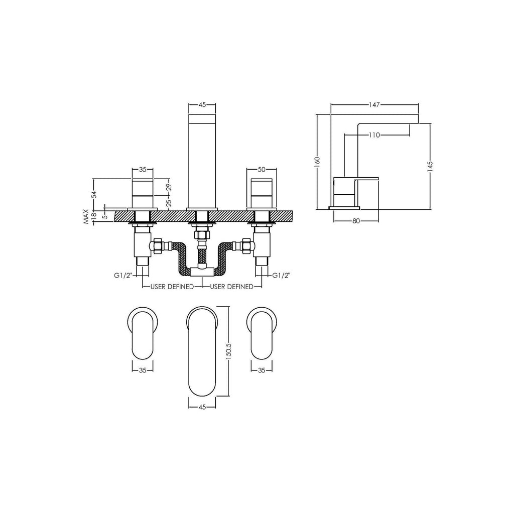 Lumina Deck Mounted 3 Tap Hole Basin Mixer Pop Up Waste Chrome Contemporary