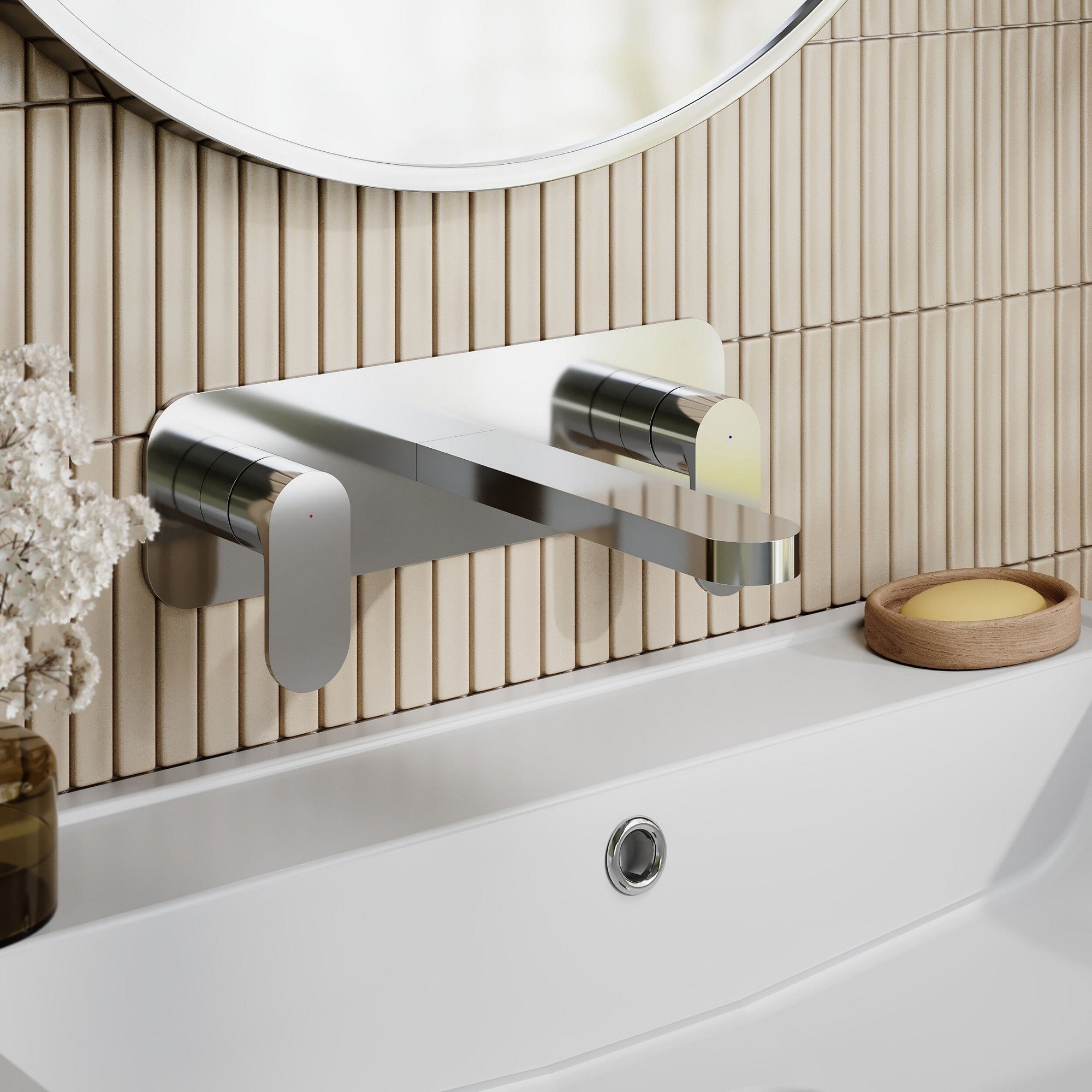 Lumina Wall Mounted 3 Tap Hole Basin Mixer Plate Chrome Contemporary