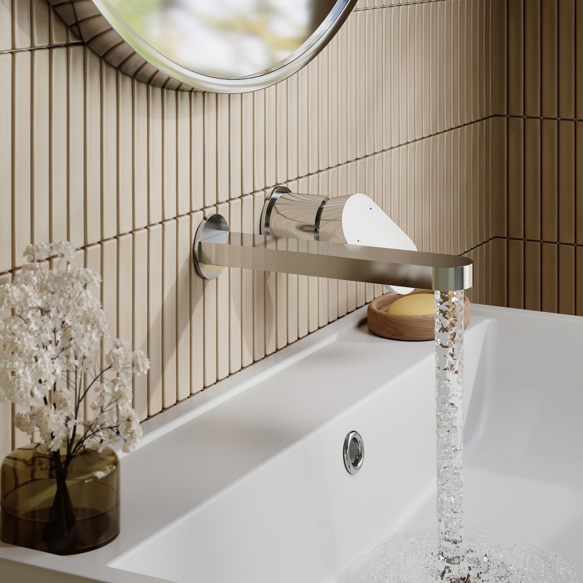 Lumina Wall Mounted 2 Tap Hole Basin Mixer Chrome Contemporary No Waste