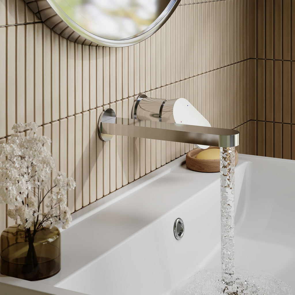 Lumina Wall Mounted 2 Tap Hole Basin Mixer Chrome Contemporary No Waste