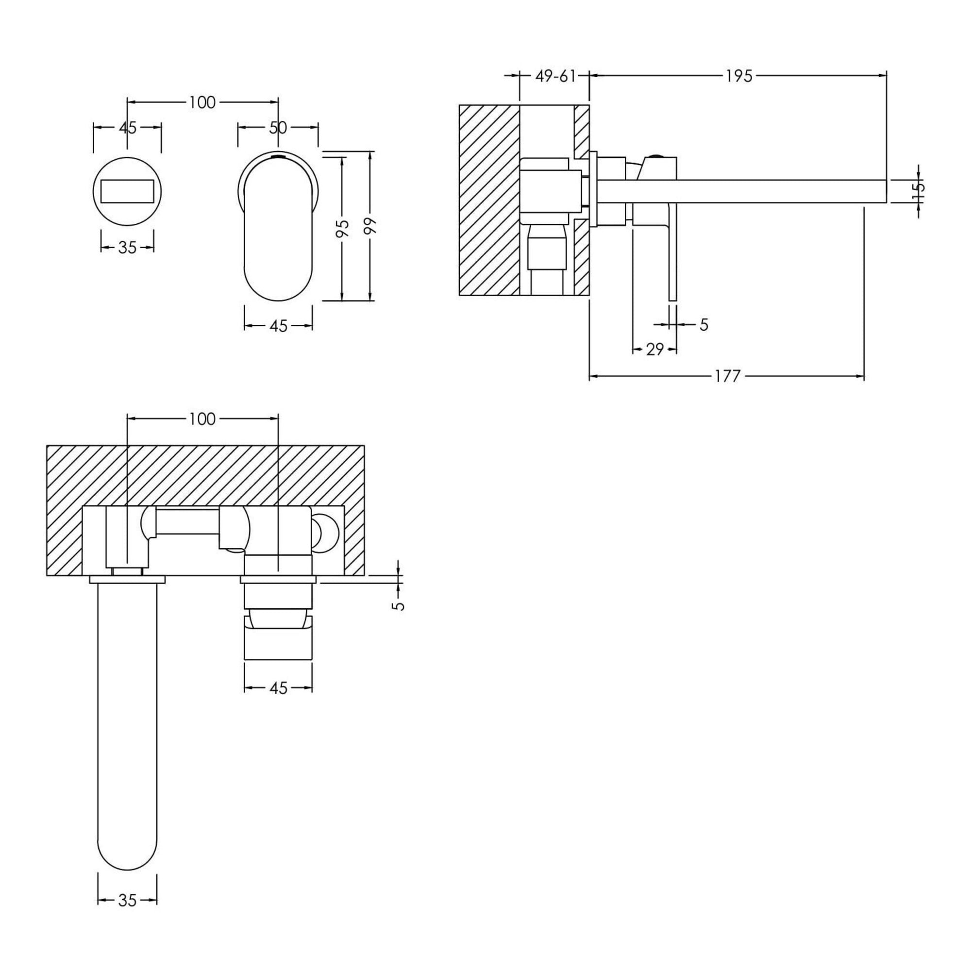 Lumina Wall Mounted 2 Tap Hole Basin Mixer Chrome Contemporary No Waste