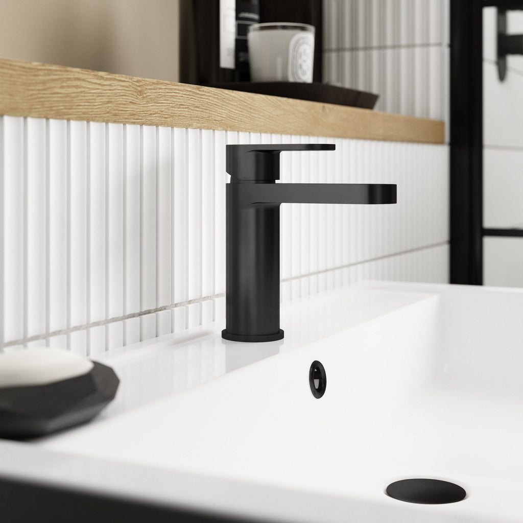 Lumina Matt Black Mono Basin Mixer Tap Push Button Waste Contemporary 1 Hole