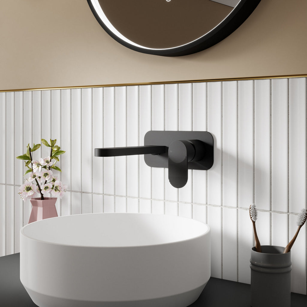Aura Matt Black Wall Mounted 2 Tap Hole Basin Mixer Plate Contemporary 1 Hole