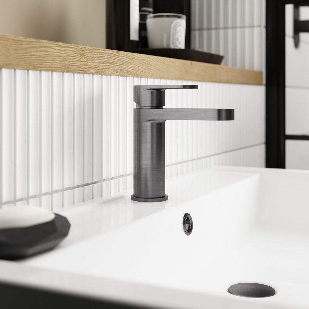 Lumina Brushed Pewter Mono Basin Mixer Tap Push Button Waste Contemporary 1 Hole