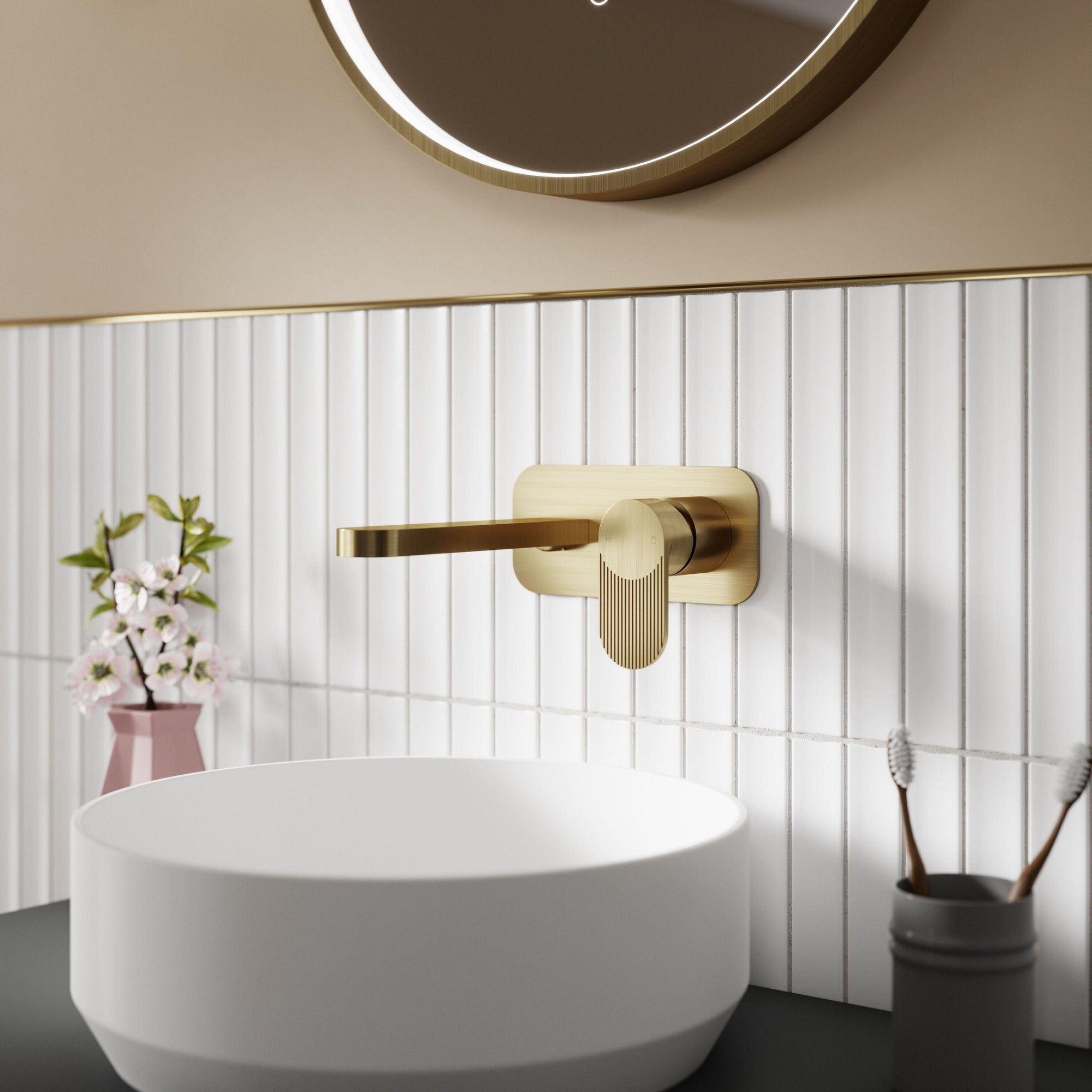 Lumina Brushed Brass Wall Mounted 2 Tap Hole Basin Mixer Plate Contemporary 1 Hole