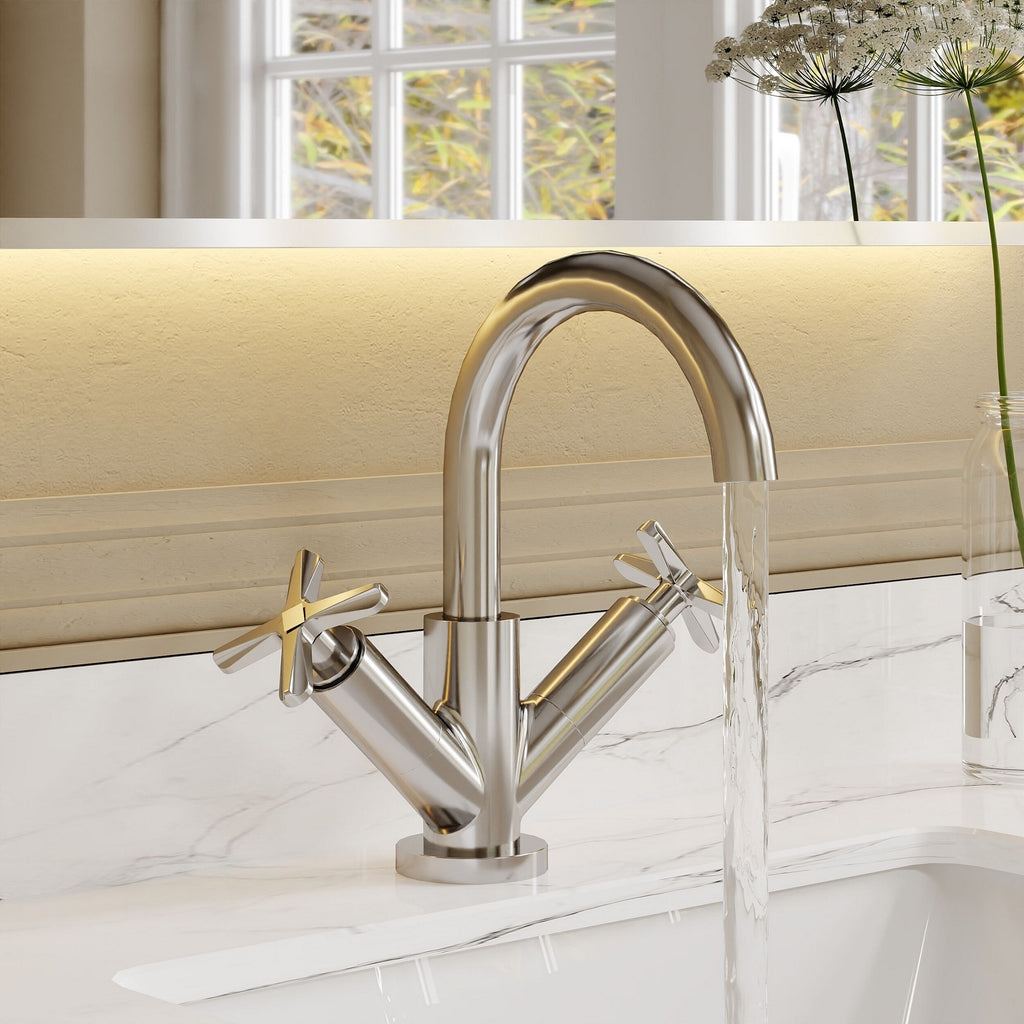 Korus Chrome Mono Basin Mixer Tap Push Button Waste Crosshead Contemporary 1 Hole