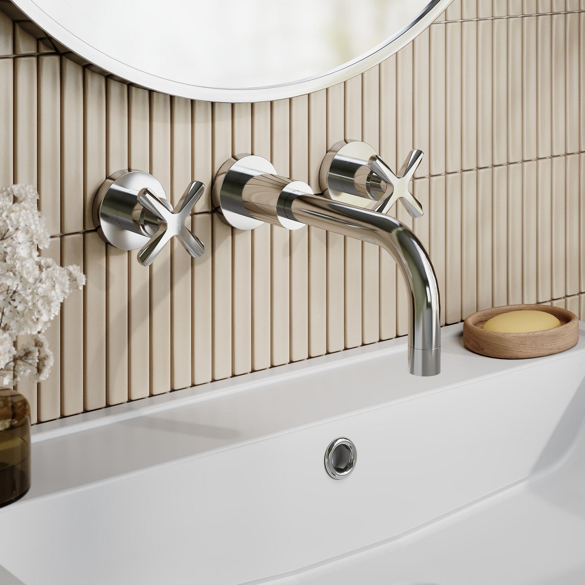 Korus Chrome Wall Mount 3 Tap Hole Basin Mixer Tap Crosshead Contemporary 3 Hole