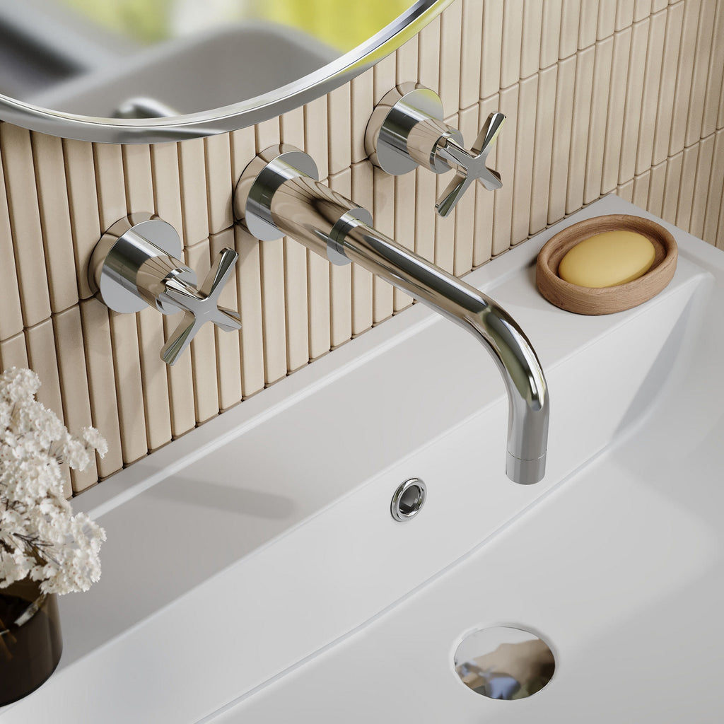 Korus Chrome Wall Mount 3 Tap Hole Basin Mixer Tap Crosshead Contemporary 3 Hole