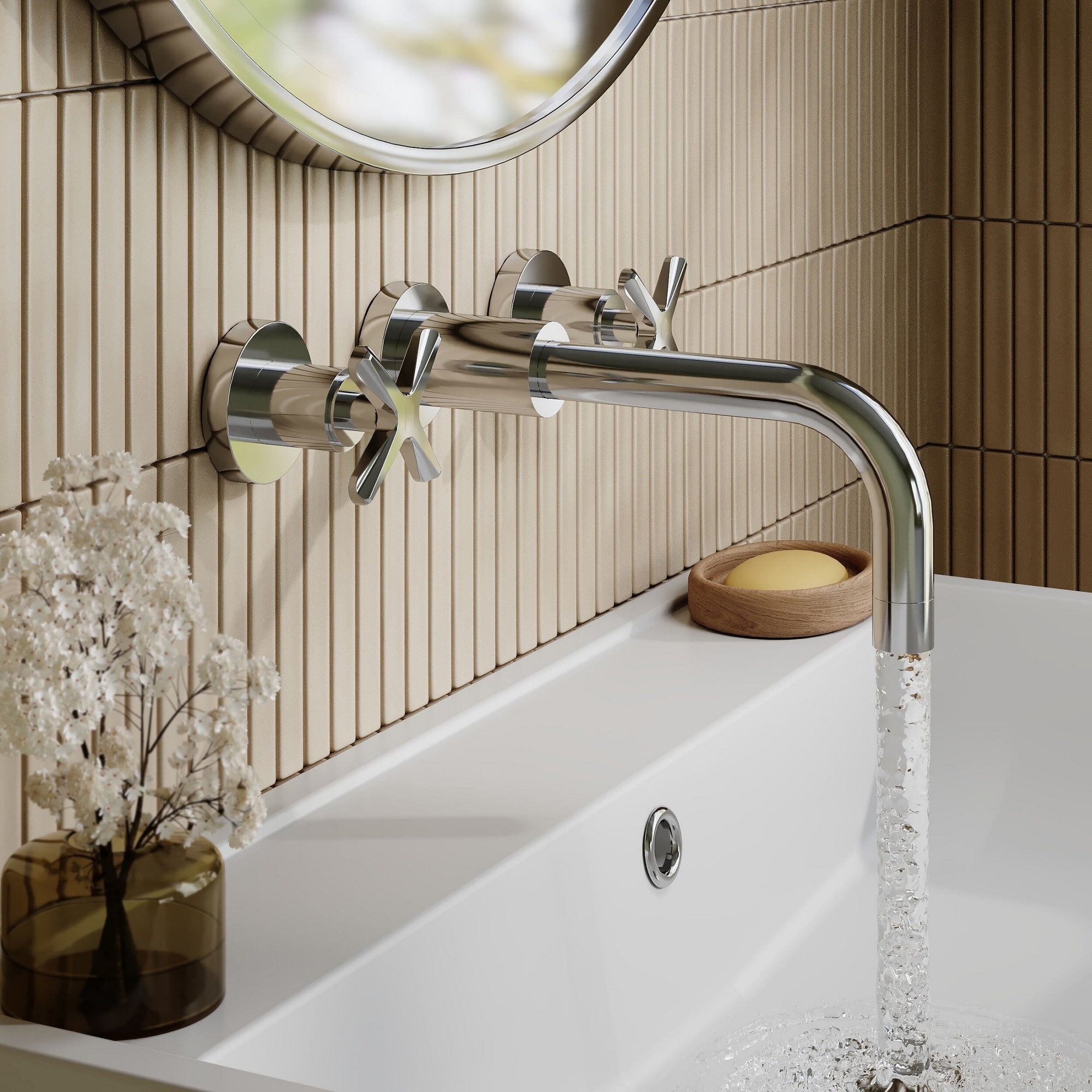 Korus Chrome Wall Mount 3 Tap Hole Basin Mixer Tap Crosshead Contemporary 3 Hole