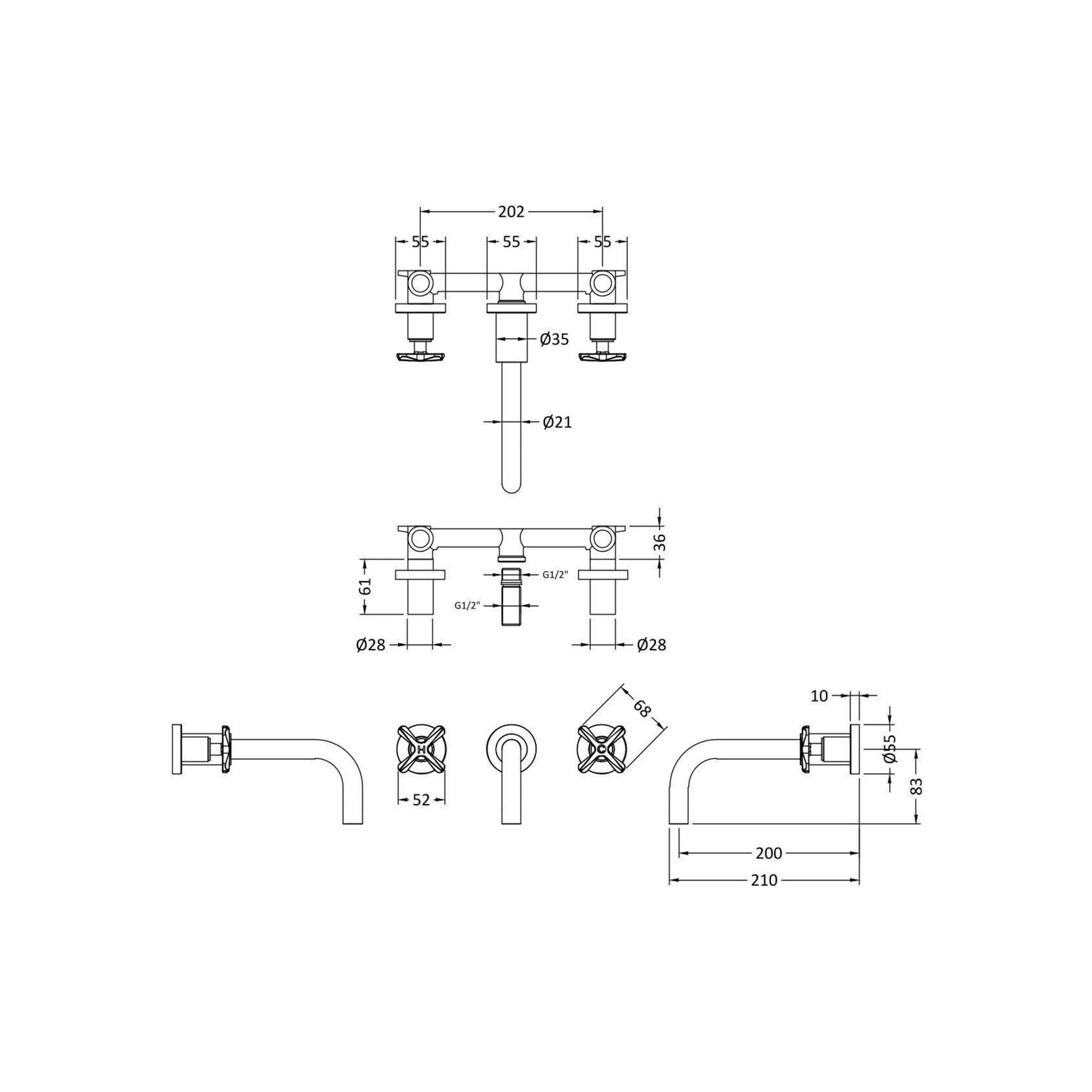 Korus Chrome Wall Mount 3 Tap Hole Basin Mixer Tap Crosshead Contemporary 3 Hole