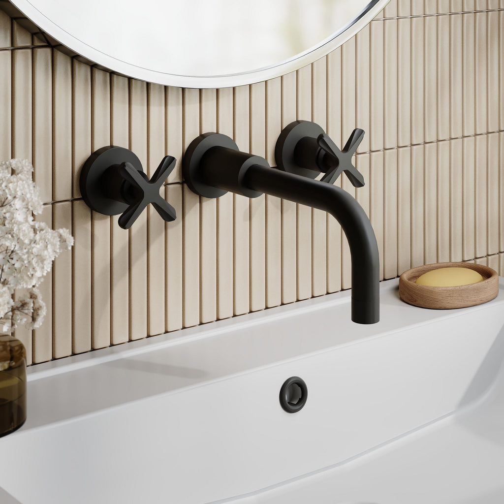 Korus Matt Black Wall Mount 3 Tap Hole Basin Mixer Contemporary Crosshead