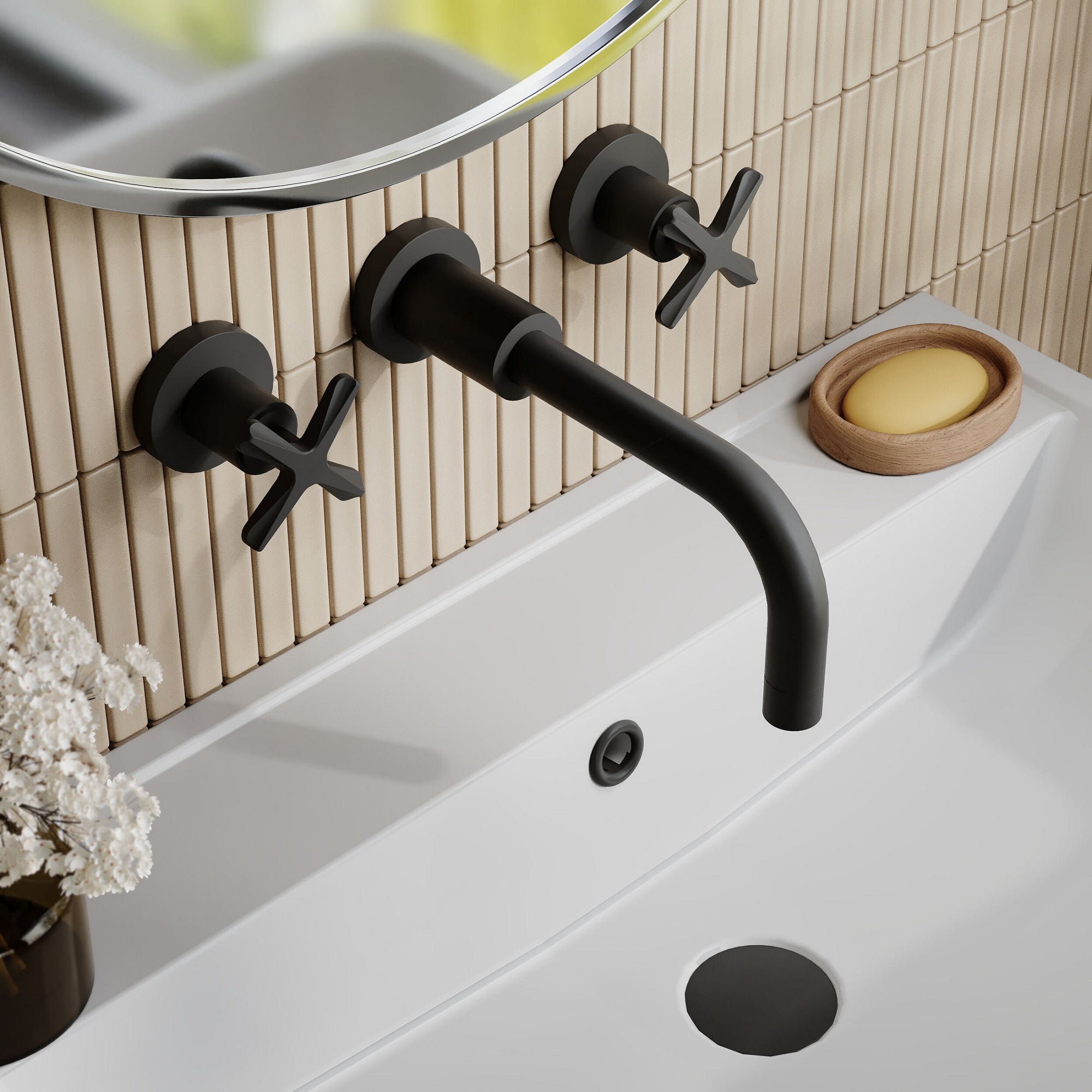 Korus Matt Black Wall Mount 3 Tap Hole Basin Mixer Contemporary Crosshead