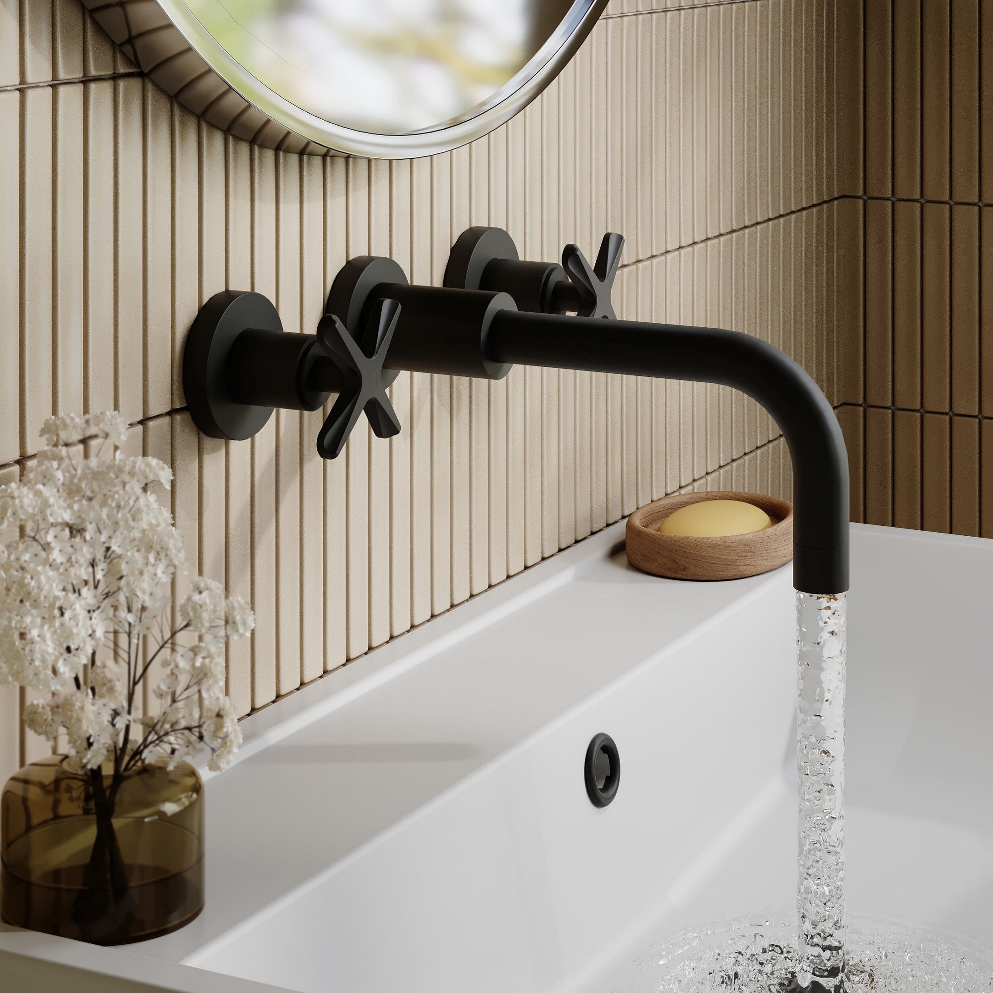 Korus Matt Black Wall Mount 3 Tap Hole Basin Mixer Contemporary Crosshead