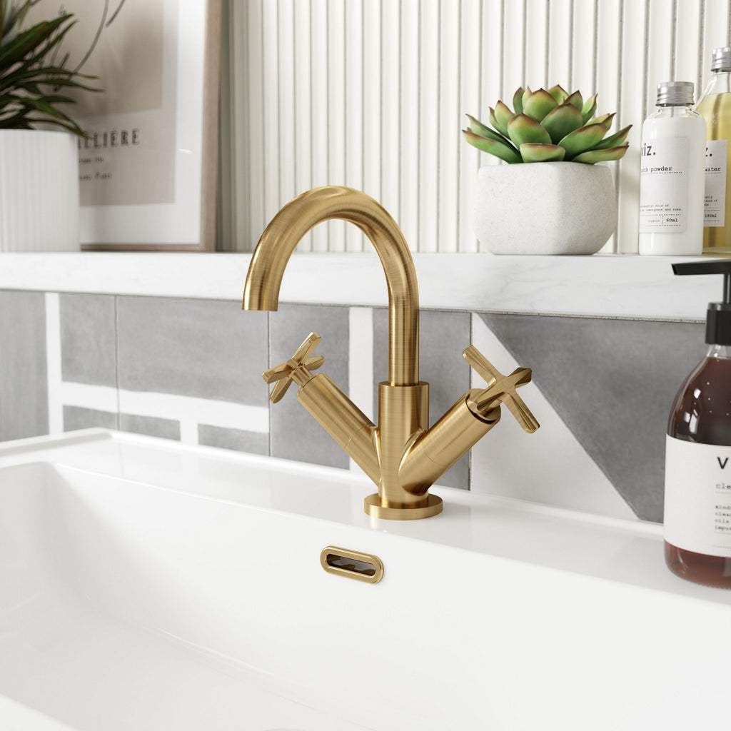 Korus Brushed Brass Mono Basin Mixer Tap With Waste Contemporary Crosshead